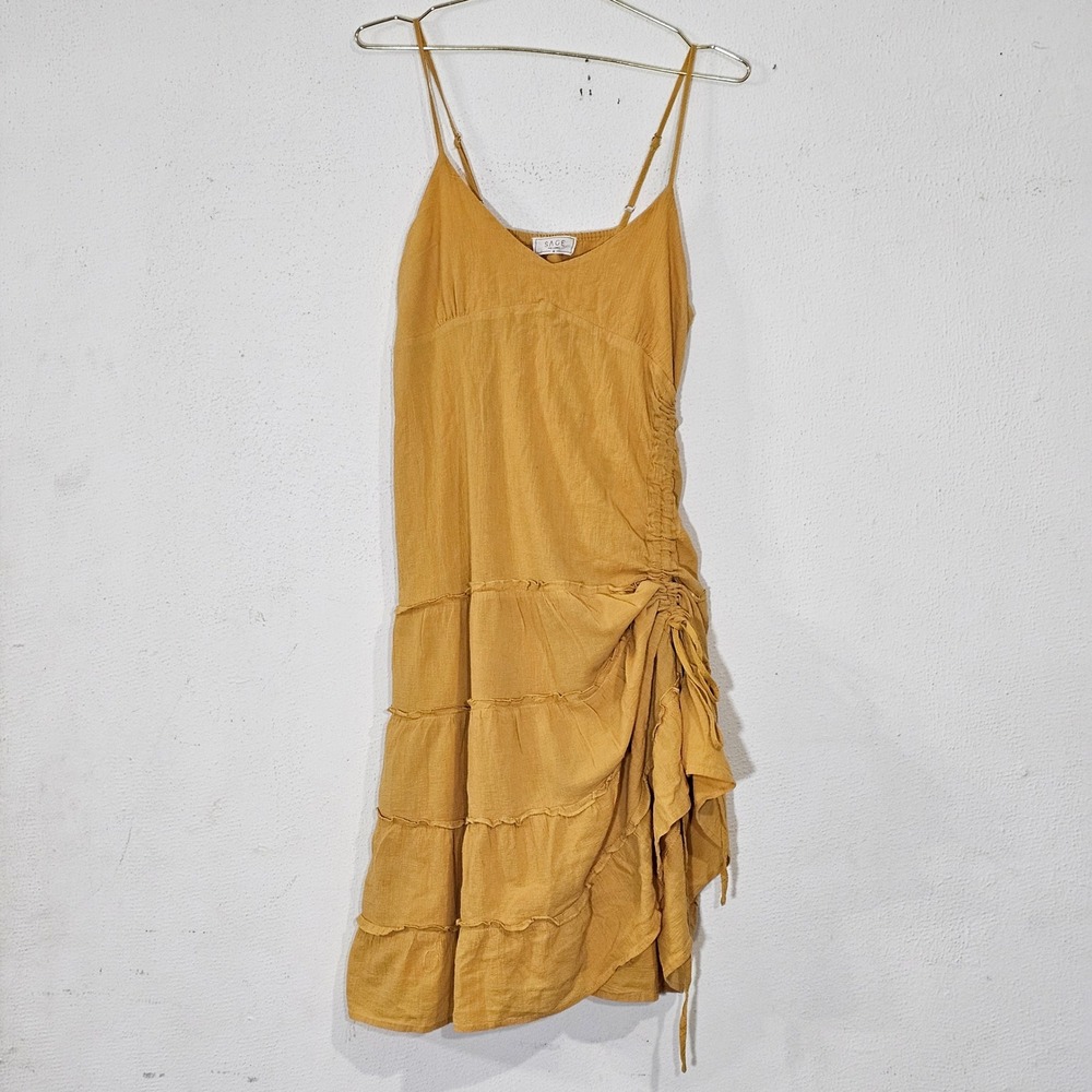 Sage The Label Mustard Yellow Ruched Tiered Ruffle Midi Dress Boho Gauze M